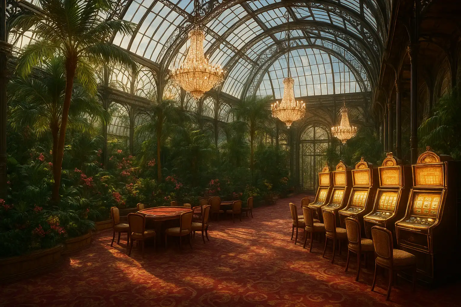 Verrière parisienne luxueuse avec machines à sous et jardin exotique, ambiance casino Atefiaa