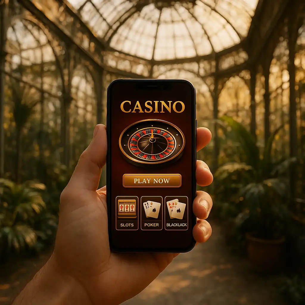 Application mobile Atefiaa affichée sur un smartphone dans un décor de jardin d'hiver