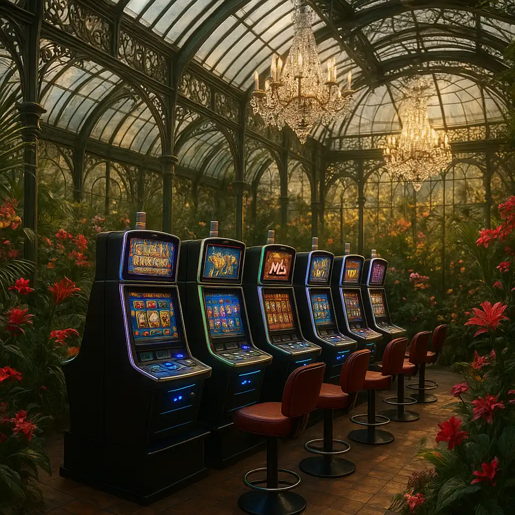 Machines à sous colorées dans une verrière parisienne fleurie chez Atefiaa