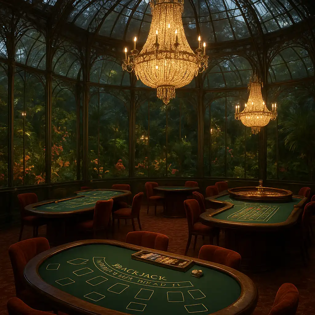 Table de black jack et roulette dans un décor de verrière luxueuse chez Atefiaa